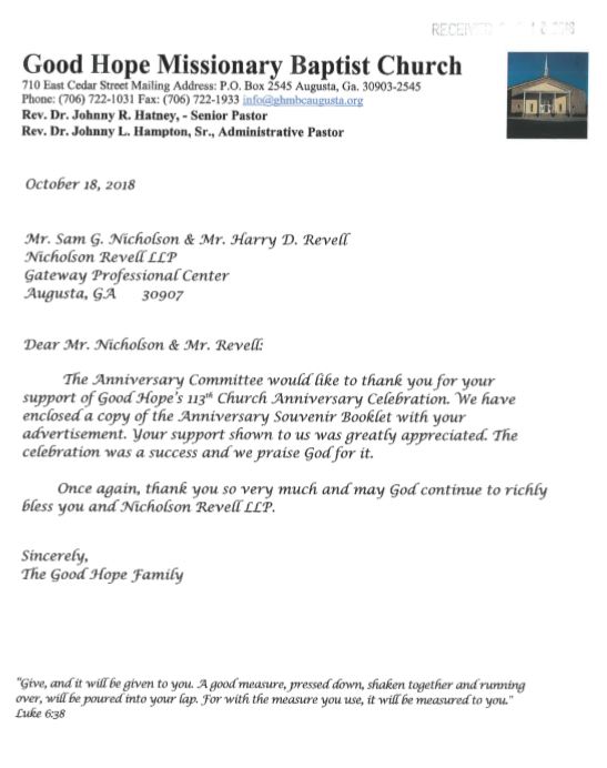 Good Hope Missionary Baptist Church Thank You to Nicholson Revell ...